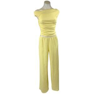 White Fox Women's Yellow One Shoulder Ruched Top & Straight Leg Pants Set Sz XS
